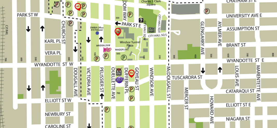 Map of Downtown Windsor highlighting nightclub locations ane nearby amenities